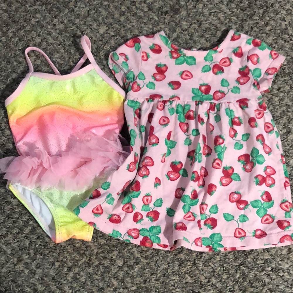 Pink Strawberry Dress and Rainbow Swimsuit Set